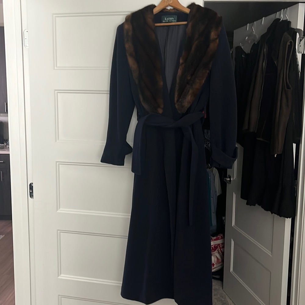 Lauren dressy navy midi belted midi coat.
